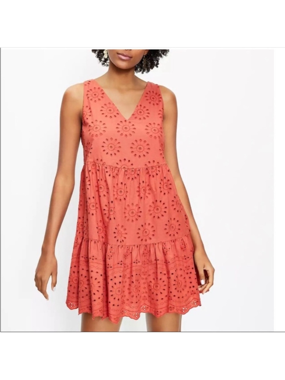 LOFT Orange Terracotta Rust Eyelet V-Neck Tiered Mini Dress - Picture 4 of 7